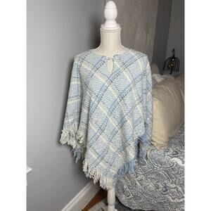 Bone Valley Weavers Ireland VTG Blue White Wool Alpaca Poncho Cape O/S Miss